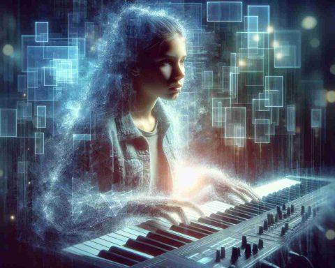 A high-definition, realistic image illustrating the concept of a young, contemporary female musician rising to prominence through the use of technology in her music. She is seen with digital equipment, perhaps an electronic keyboard or DJ's desk, enveloped in a surreal, dream-like digital ambiance. Note: The identity of the female musician is unspecified and should not be based on any real individuals.