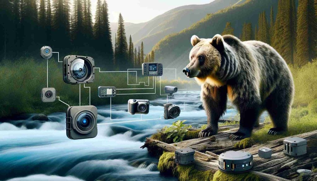 An ultra high-definition realistic photograph capturing the intersection of nature and technology. Show a majestic grizzly bear in its natural habitat, surrounded by devices like camera traps or GPS collars, symbolising advancements in bear conservation technology. Hint at forests and rivers in the background, while focusing the composition primarily on the bear and the technology helping its survival.