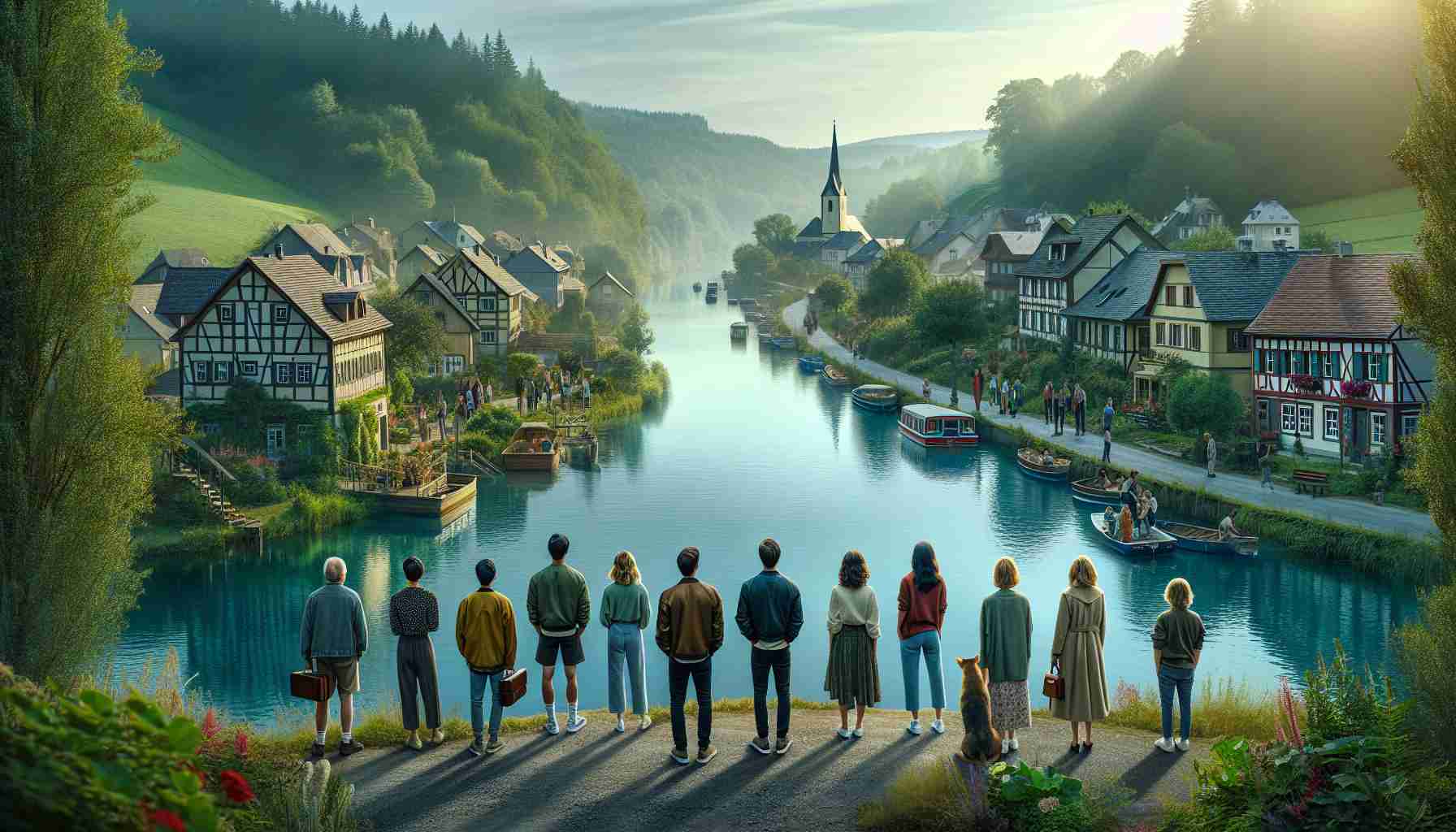 Generate a realistic, high-definition image of a promotional scene announcing the arrival of the sixth season of a popular romance and drama television series set in a picturesque, rural riverside town.