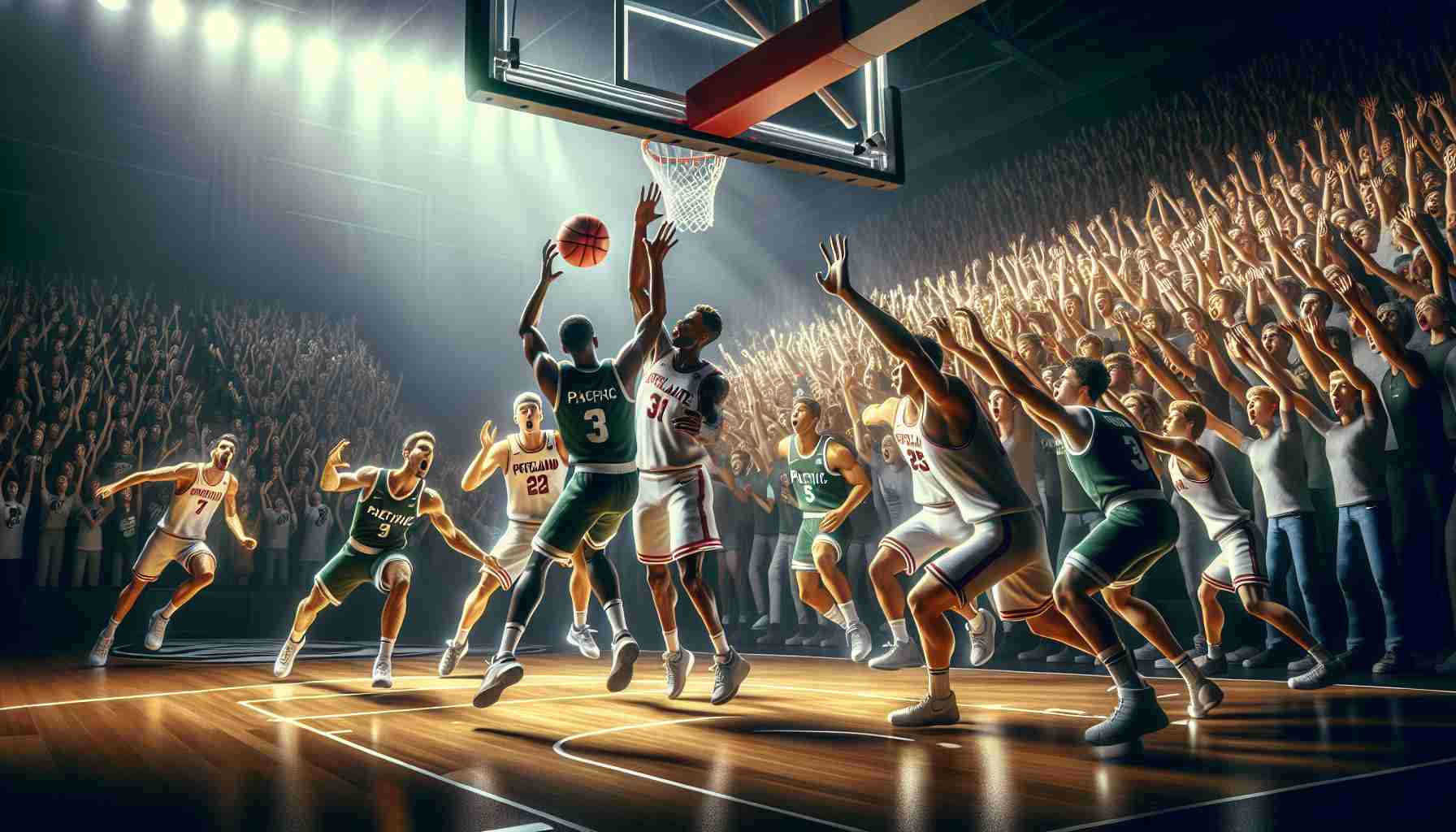 Generate a high-definition realistic image depicting an intense basketball game where Portland State is about to possibly claim victory against Pacific. The crowd should be caught in a thrilling moment of anticipation, and the athletes should be in a state of high energy and determination. The scoreboard should reflect a close match with the possibility of either team taking the win. The scene should capture the spirit and enthusiasm of college basketball.