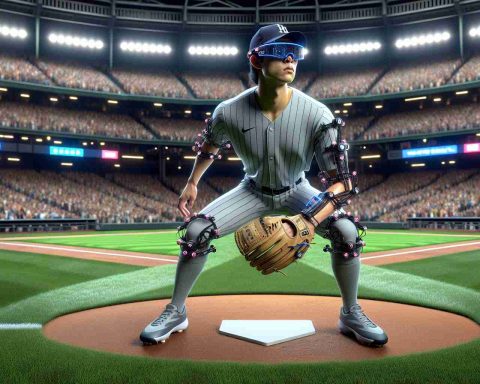 Ultra-high-definition realistic image of baseball's outer field player, ready on the field. The player is equipped with cutting-edge technology with an emphasis on how this technology is enhancing the game. The player is an athletic male of East Asian descent. The surroundings include a meticulously maintained grassy field, the intricate patterns of the ball park, and fans blurred in the background capturing the ambiance of a live game. The player could have an augmented reality glasses on, advanced motion sensors on the uniform, and holding an AI-assisted glove. The atmosphere is filled with the anticipation of a major play.