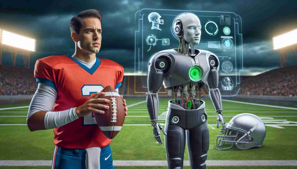 Realistic High Definition image of a new era in football: An unnamed quarterback from a nondescript collegiate team in the midwestern United States adopts artificial intelligence technology! What could this mean for the future of the sport? The scene includes a football field, digitally advanced equipment, and the midwestern male quarterback of Hispanic descent studying this new technology with excitement and curiosity.