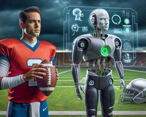 Realistic High Definition image of a new era in football: An unnamed quarterback from a nondescript collegiate team in the midwestern United States adopts artificial intelligence technology! What could this mean for the future of the sport? The scene includes a football field, digitally advanced equipment, and the midwestern male quarterback of Hispanic descent studying this new technology with excitement and curiosity.