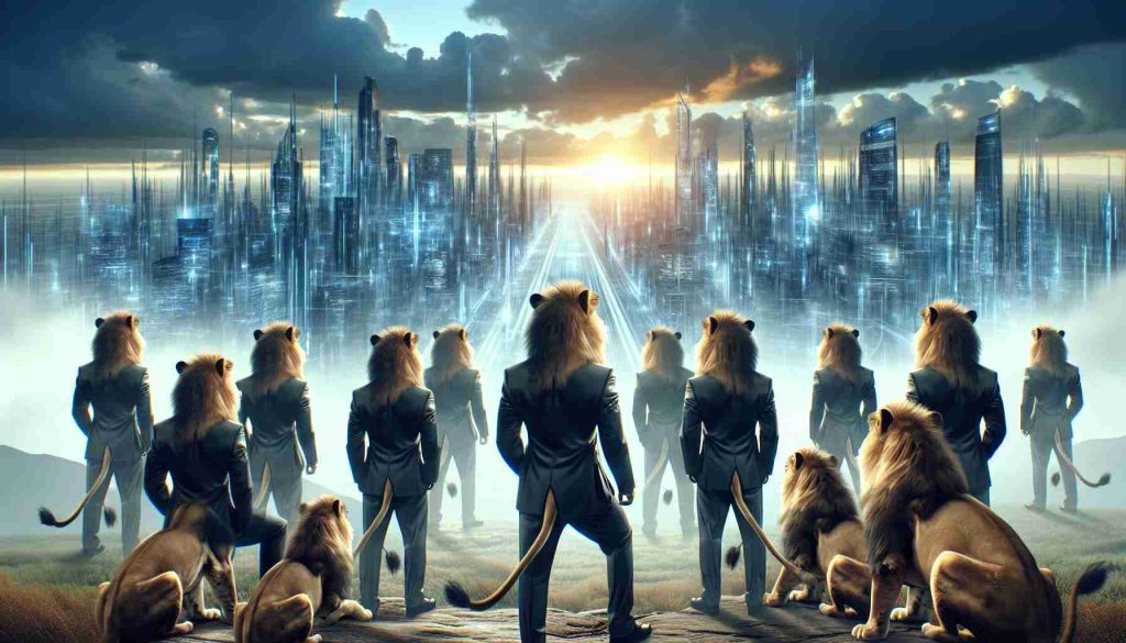 Generate a realistic, high-definition image of returning professional players in a metaphorical form of lions, amplifying a roar. These lions represent readiness and anticipation for a technology-driven future. The scene can portray the lions on a vantage point, looking out toward a futuristic city or landscape showcasing advanced technology, suggesting that they are poised to embark on a journey towards this new era. The image should encapsulate their resilience, readiness, and anticipation of what's to come.