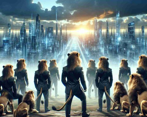 Generate a realistic, high-definition image of returning professional players in a metaphorical form of lions, amplifying a roar. These lions represent readiness and anticipation for a technology-driven future. The scene can portray the lions on a vantage point, looking out toward a futuristic city or landscape showcasing advanced technology, suggesting that they are poised to embark on a journey towards this new era. The image should encapsulate their resilience, readiness, and anticipation of what's to come.