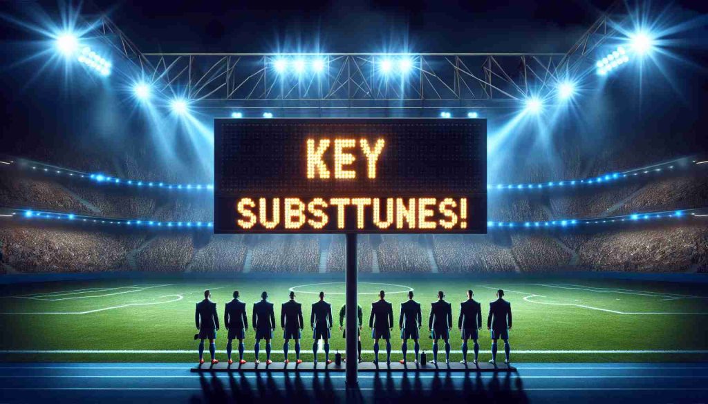 An HD image embodying the anticipation of an exciting sports event. It should feature a sports stadium filled with anticipation, with the spotlight on key substitute players standing on the touchline, ready to enter the game. Each player should look ready to surprise the spectators with their performance. The atmosphere should be electrifying, stirring up excitement and suspense. To illustrate the theme of 'Surprising Players to Watch', the words 'Key Substitutes!' should flash on the digital scoreboard in bright, bold letters.