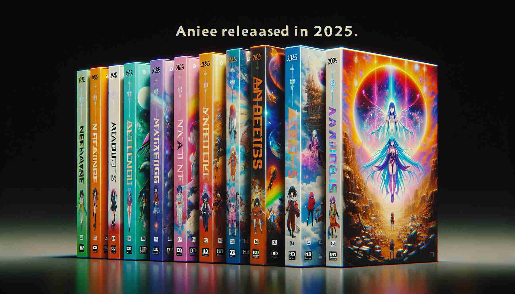 Generate a realistic HD image of a fresh stack of newly arrived anime DVDs, for a series released in 2025. The images on the DVD covers should hint at the excitement and fresh stories that await within. Imagine vibrant cover arts, featuring exciting mystical landscapes to war-torn dystopian scenarios, brilliantly showcasing the wide variety of new anime narratives introduced in 2025.