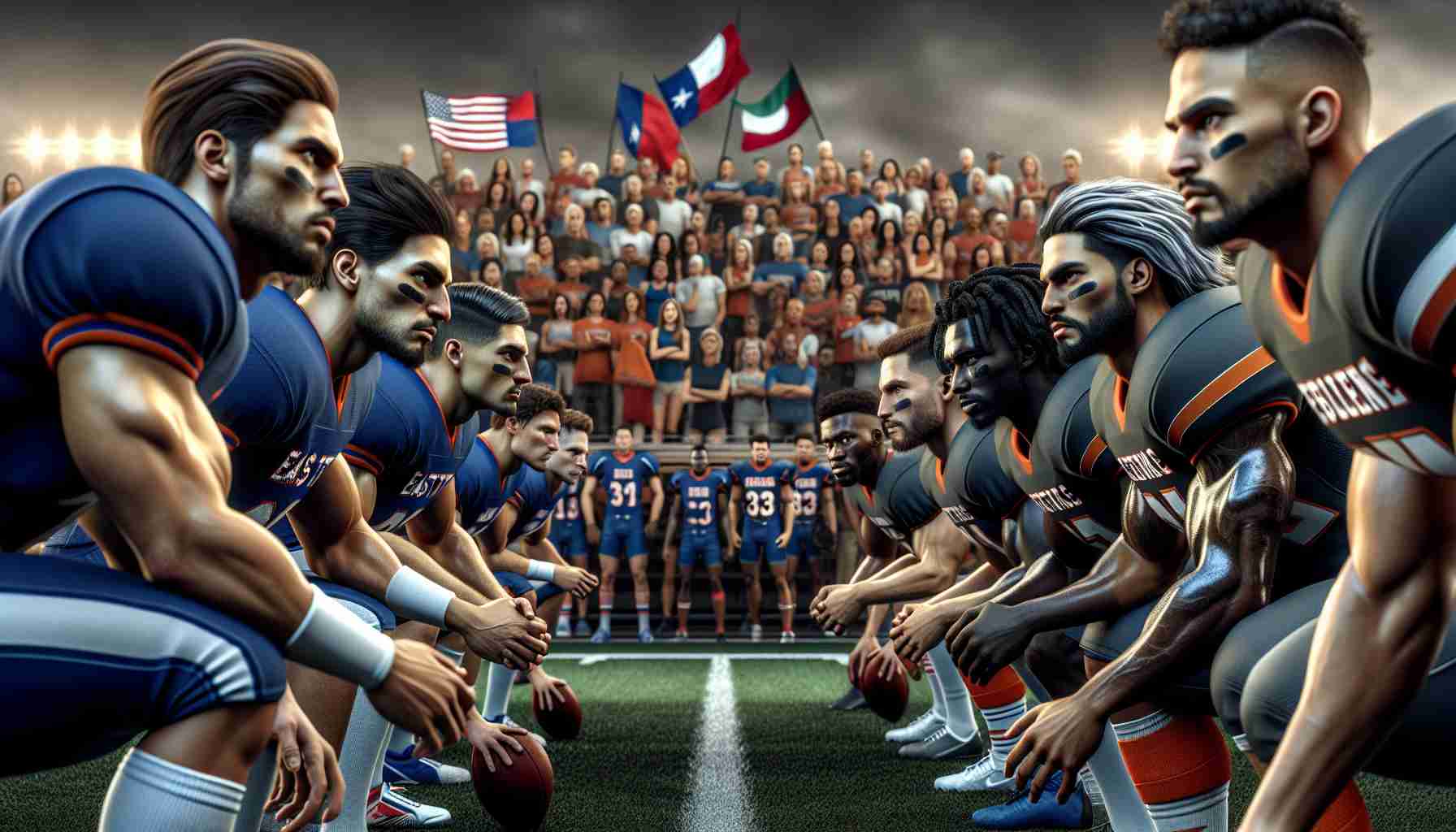 Realistic high-resolution image of an intense moment from an athletic showdown. One team, representing East Texas, is ready to face off against their rivals from Abilene. The atmosphere is electric, full of anticipation and the promise of a memorable contest. The athletes on both sides are diverse, men and women from different descents including Caucasian, Hispanic, Black, Middle-Eastern, and South Asian. They are on the field, eyes locked on their opponents, muscles tensed and ready for action. In the background, spectators from both territories, adorned in their team colors, eagerly watch and support their teams.