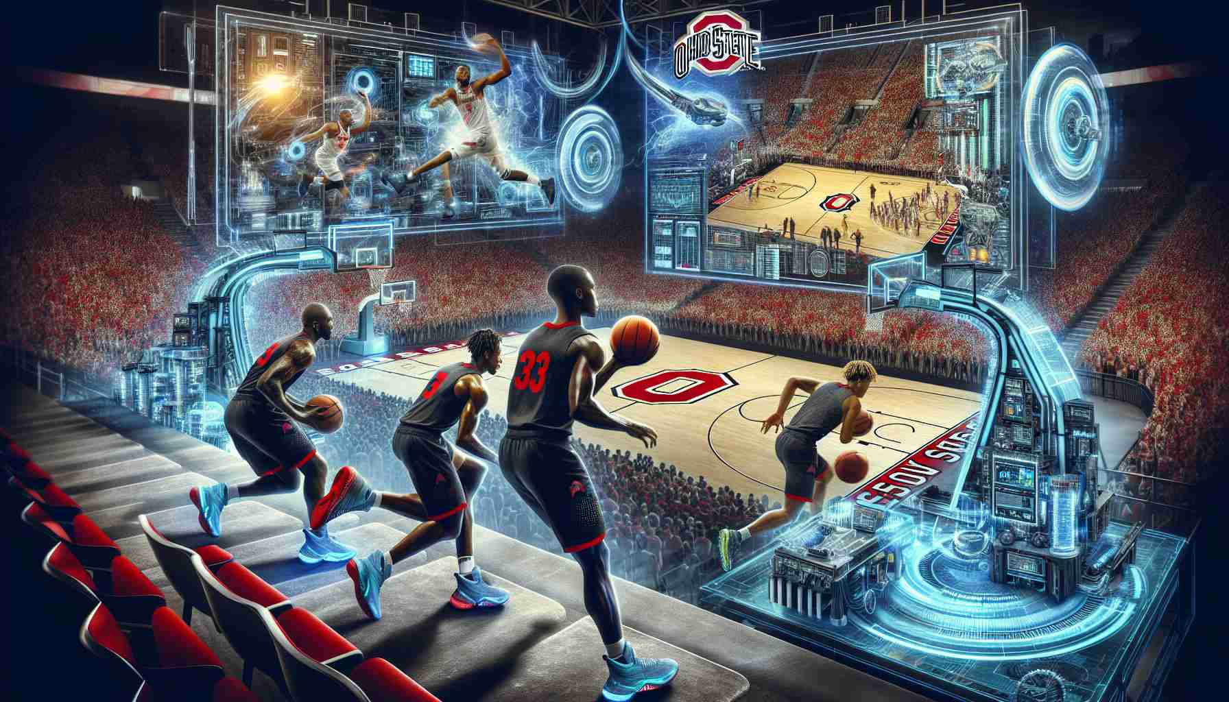 An elaborate digital image representing a revolutionary basketball game scenario in Ohio state. A scene featuring advanced technology equipment, such as hi-tech basketball shoes and futuristic performance gear, that's drastically enhancing the performance of the players. In the scene, three basketball players of diverse descents – Black, Hispanic, and Caucasian – and varying genders, are making significant plays in the game. The atmosphere is electrifying, indicating a significant change in traditional basketball due to new advancements in technology.