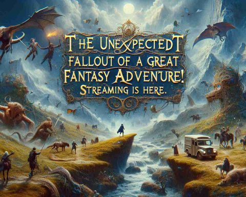 A high-definition, realistic image showcasing the aftermath of an extraordinary fantasy adventure inspired by J.R.R. Tolkien's literary works. The scene displays magical landscapes, mythical creatures, ancient artifacts, and weary adventurers. The title 'The Unexpected Fallout of A Great Fantasy Adventure! Streaming Is Here' is written across the image in bold, fanciful letters.