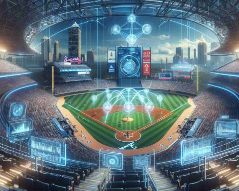 High-definition photo illustrating the concept of a technology-laden future for baseball, specifically portraying the Atlanta Braves team. Depict a futuristic stadium packed with advanced technology such as AI-driven analytics projecting the player's swing and predictive statistics for the next championship season. Please ensure the image stylistically blends the excitement of traditional baseball with elements of advanced technology. Note: Do not have any specific players or likeness of real individuals; instead, focus on the overall ambience of the futuristic tech-integrated stadium and technology enhanced training.