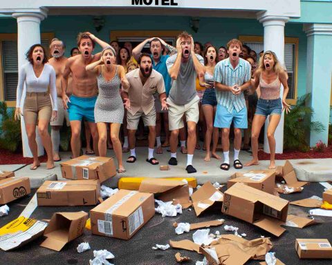 A look at an upset gathering of motel guests, reactions of shock plainly visible on their faces, in response to a chaotic scene at a sunny motel in Florida. Crumpled delivery boxes are strewn around the property, hinting at a delivery gone awry.