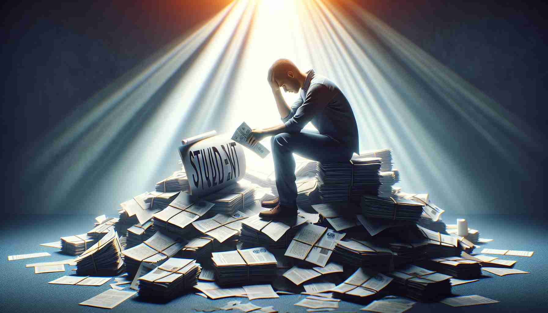 Realistic, high-definition imagining of a person displaying feelings of being overwhelmed, possibly sitting on a pile of paperwork marked with symbols of economic stress. The individual wrestles with collated bills signifying student debt. In the backdrop, a ray of sunlight signifies a major change, possibly hinting at regulatory reforms, whilst casting a warm, hopeful glow on the scene.