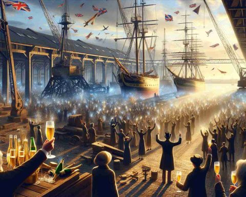 Craft a realistic, high definition image of a historic shipyard. The scene should be one of celebration and rejuvenation, as a major rescue deal has just been announced, ensuring the shipyard's preserved future. Include elements such as people showing joyful expressions, sparkling champagne, waving flags, and an atmospheric light filled sky, signifying good news. The yard itself should be filled with antique ships, cranes, and other relics of past maritime glory.