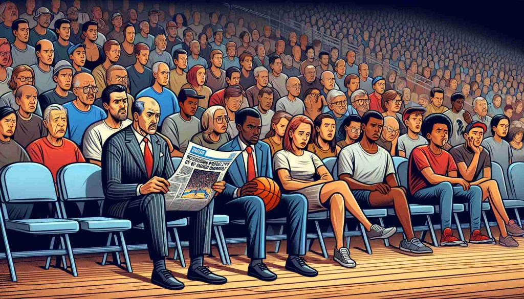 DEPICT an HD illustration of the concept of declining popularity of a generic professional basketball league. Include visibly empty seats at a large stadium during a game, a newspaper headline reporting decreased viewership, and expressions of concern from a diverse group of spectators.The spectators can be of various descents such as Caucasian, Black, Asian, Hispanic, and Middle-Eastern. There shall be both men and women among them. Do not include recognizable team logos or player likenesses. The focus should be on the atmosphere of disappointment and surprise shared by the onlookers.