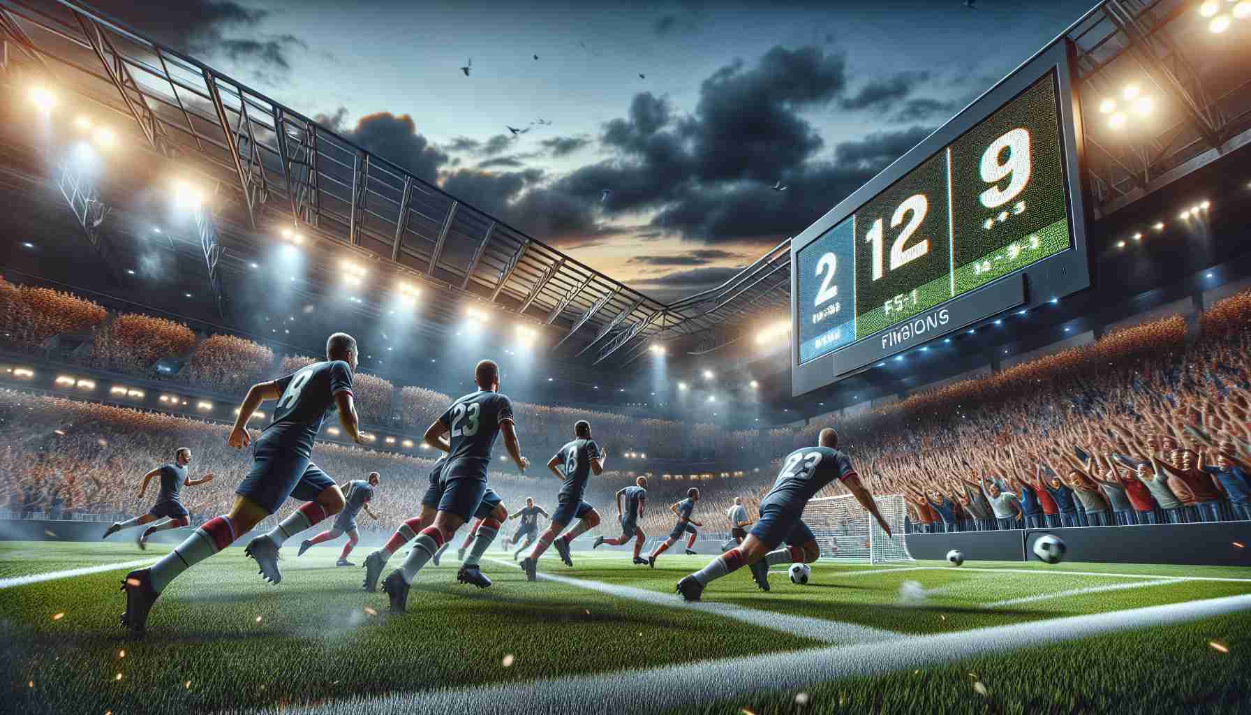 Realistic high definition image depicting a thrilling comeback in a football match. The game is intensifying as one team shows determination and resilience, while their visibly strong opponents continue striving despite the pressure. The crowd's excitement is palpable, the stadium lights illuminate the intricately manicured field, and the sky is a dramatic palette of sunset colors. Close-up shots reveal emotionally charged faces of the players, their jerseys soaked in sweat, and their eyes focused and determined. Display the game's scoreline on a modern, digital scoreboard, indicating a significant turnaround in the game.