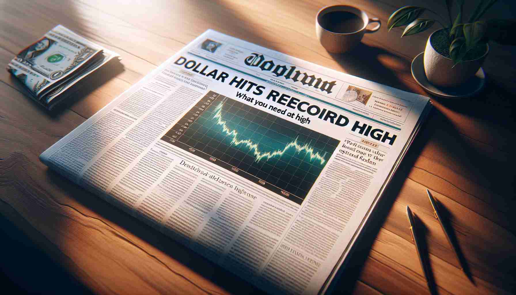 Generate a realistic HD photo of a newspaper headline stating 'Dollar Hits Record High: What You Need to Know' with an accompanying chart reflecting the dollar's record high. The newspaper should be spread open on a wooden table, illuminated by soft morning light from a nearby window. The surrounding environment should suggest a serene home office with a cup of coffee on the table.