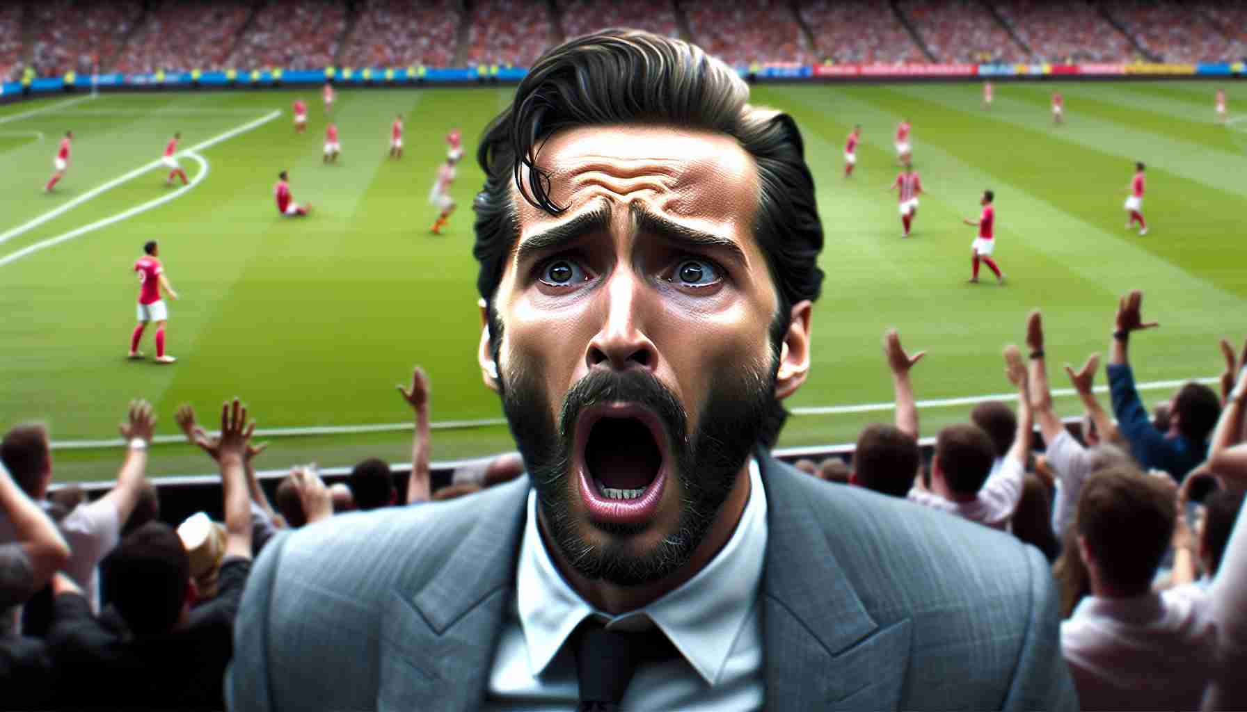 A hyperrealistic high-quality image of a notable male actor having an intense emotional reaction at a football match. The actor is shown expressing shock and disbelief, capturing the attention of surrounding spectators. Could this public incident jeopardize his reputation and career?