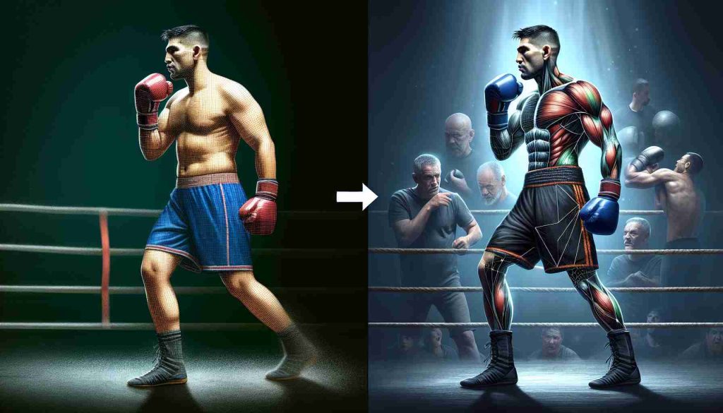 A realistic HD image illustrating the weight change of an accomplished fighter. The image should reveal the transformation from an older to a more recent period. The transformation might hint towards rigorous training schedule. One part of the image illustrates the fighter's training routine with a focus on strength and endurance training. The other part of the image shows the athlete demonstrating his combat skills in the ring. The image does not reveal the identity of the fighter, simply suggesting an unseen transformation under the influence of a strict fitness regime.