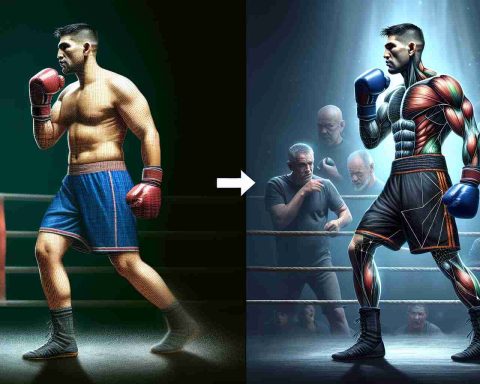 A realistic HD image illustrating the weight change of an accomplished fighter. The image should reveal the transformation from an older to a more recent period. The transformation might hint towards rigorous training schedule. One part of the image illustrates the fighter's training routine with a focus on strength and endurance training. The other part of the image shows the athlete demonstrating his combat skills in the ring. The image does not reveal the identity of the fighter, simply suggesting an unseen transformation under the influence of a strict fitness regime.