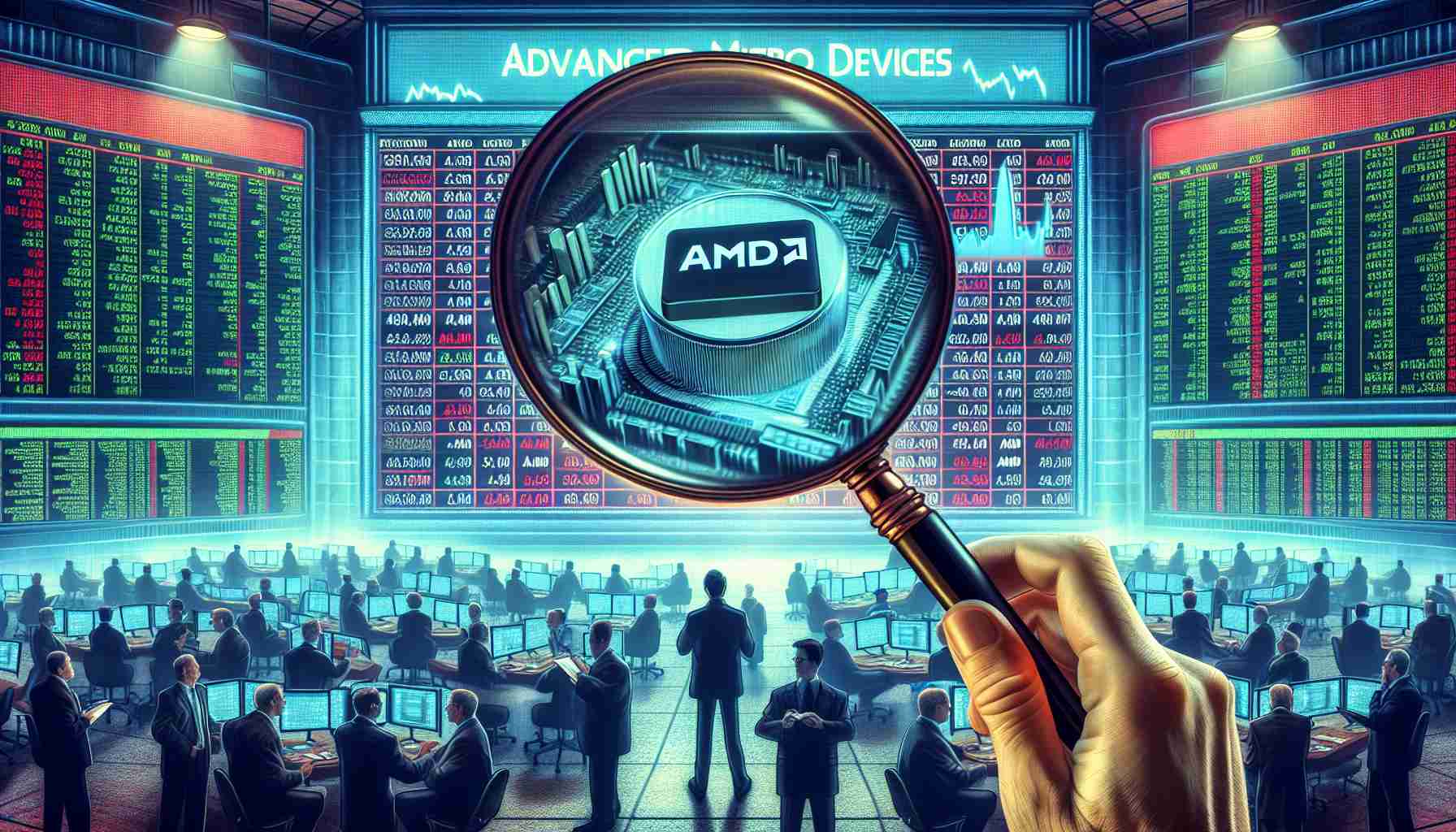 A detailed image of a hypothetical stock market scene focusing on Advanced Micro Devices, AMD. The scene encapsulates the tension and anticipation that traders and investors might feel. It could include a magnifying glass hovering over a ticker tape displaying AMD's name and numbers, symbolizing the scrutiny it's under. Alternatively, a giant screen displaying news and stats about AMD in a bustling trading floor, filled with traders attentively watching the screen. Greater emphasis should be placed on the sense of expectation for what's next, rather than a prediction of the outcome.