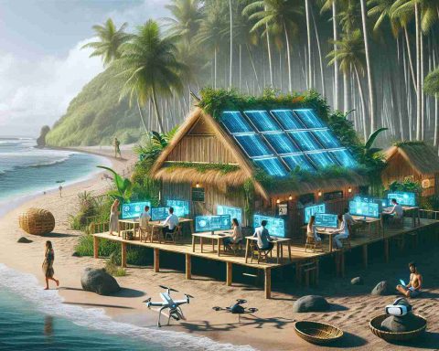 Create a high-definition, realistic image representing the digital renaissance in Bali. Show a tropical paradise scene, where the lush greenery and tranquil beaches are combined with signals of advanced technology. Maybe a bamboo hut equipped with solar panels, or a group of people from different ethnic backgrounds using cutting-edge tech devices in a bamboo co-working space. Include some elements like computers, drones, and VR headsets subtly blended into the serene tropical environment. The aim is to visualize how technology is revolutionizing the typical, idyllic image of Bali.