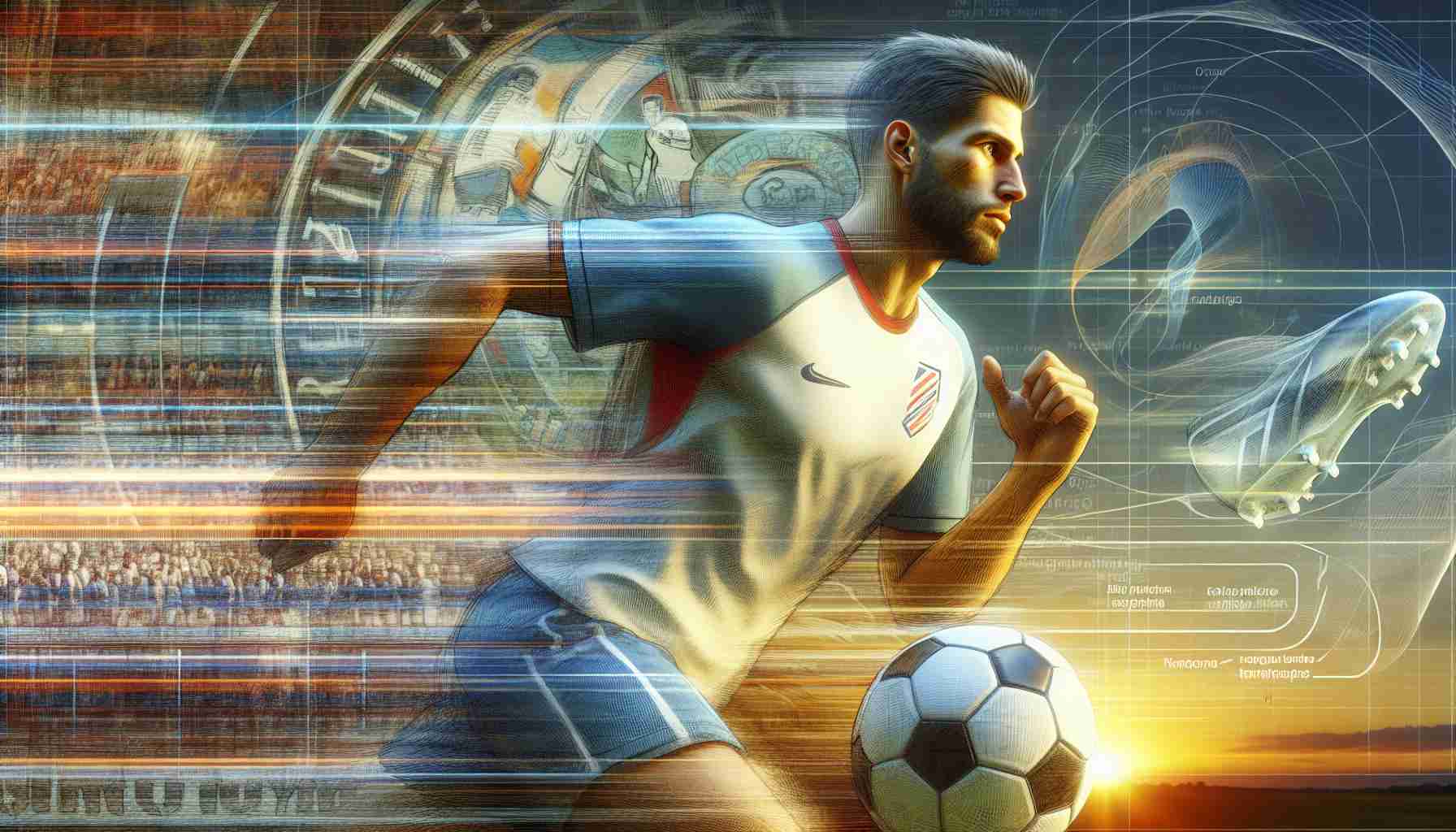 A detailed, high-definition image depicting a speculative vision of the future of athlete transfers. In the foreground, focus on a male soccer player, Lincoln Kienholz, moving swiftly with the ball at his feet, demonstrating agility and precision. His facial features should indicate determination and resolve. The background should subtly hint at shifting loyalties, perhaps by showing a blurred mix of logos and team colors from various sports clubs. Tease the narrative that this is just the beginning, perhaps represented by a sunrise or an open road leading into the horizon.