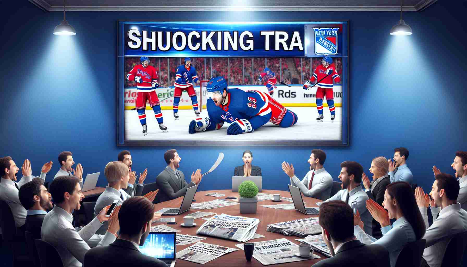 A realistic high definition image of a shocking trade event in the NHL. The New York Rangers have acquired a new defenseman. The scene is filled with excitement and surprise. The news is displayed on various sports news outlets with headlines, television screens, and hockey fans reacting on social media.