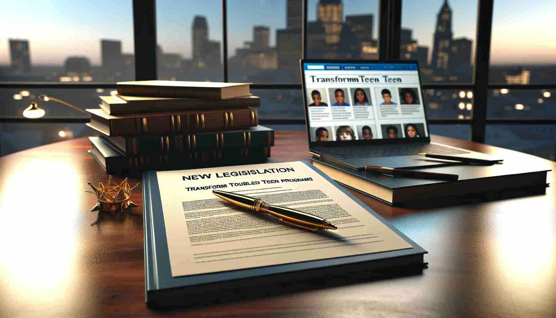 A high-definition, realistic image of a newly set legislation aiming to transform troubled teen programs. The scene includes the official document placed on a mahogany desk, a stack of files, glistening golden pen lying next to it. On the side, there is a laptop displaying related news articles. An office environment lit by soft evening light falling from the side with visible cityscape through the nearby window.