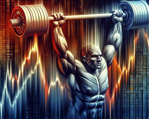 Depict a realistic, high-definition illustration representing the concept of market shifts. Show an artistic interpretation of the stock market index 'IBEX 35' embodied as a powerful, muscular figure straining against heavy weights. The weights can symbolize market factors, and the figure's determined expression should capture the effort of struggling for a strong finish. This image represents the fluctuating economic situations. Use a mix of cools and warms to convey the uncertainty and tension of the stock market.