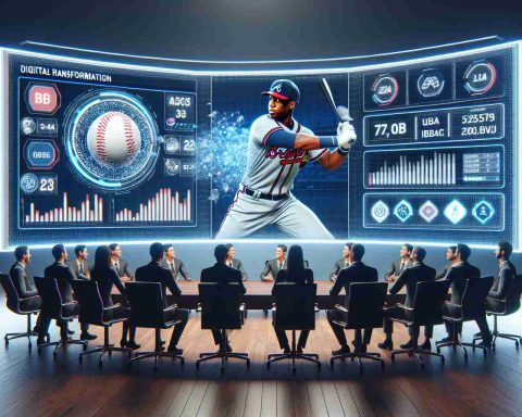 A high-definition, realistic image showcasing the digital transformation in the world of baseball. The scene should involve a baseball team, representing the Atlanta Braves, at the forefront of this digital revolution. They are holding a conference to introduce a new player, embodying the intersection of sports and technology. Show participants eagerly discussing statistics on digital screens and virtually analyzing player performance. Please don't include any specific player's likeness or name.