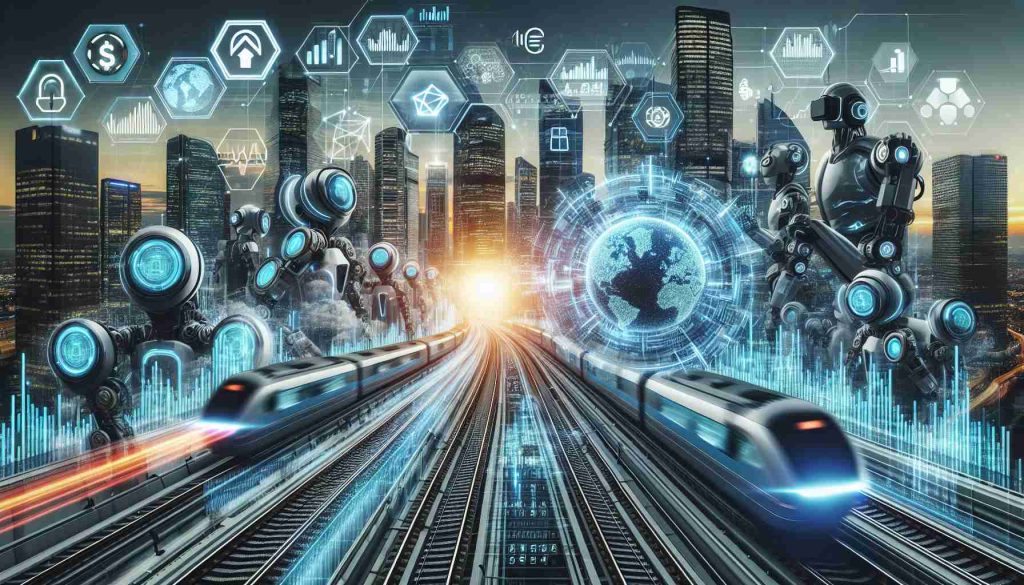 An high definition concept image visualizing the future of investing influenced by technology. The image captures a strong representation of stock investments and fintech innovations creating a revolution in the investment sector. The scene includes various symbols such as futuristic cityscapes, digital data visualization, blockchain representation, AR/VR goggles, robots dealing stocks and high-speed trains representing fast-paced change. These elements should effectively suggest the significant impact of technology in reshaping the future of investing.