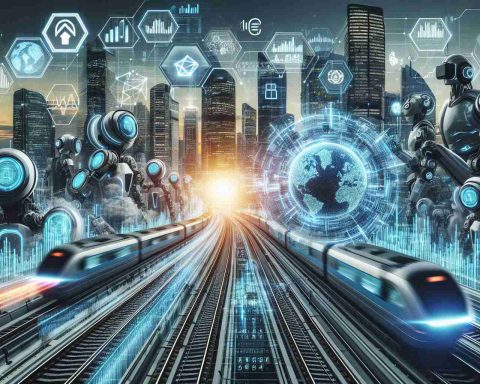 An high definition concept image visualizing the future of investing influenced by technology. The image captures a strong representation of stock investments and fintech innovations creating a revolution in the investment sector. The scene includes various symbols such as futuristic cityscapes, digital data visualization, blockchain representation, AR/VR goggles, robots dealing stocks and high-speed trains representing fast-paced change. These elements should effectively suggest the significant impact of technology in reshaping the future of investing.