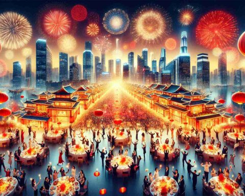 Generate a high-definition image depicting a luxurious global Lunar New Year celebration. Include elements of joy and renewal, such as stunning fireworks bursting over a bustling cityscape, people of various descents and genders cheering and enjoying the celebration, vibrant red lanterns illuminating the streets, and abundant dining tables filled with traditional foods. Make sure to illustrate an atmosphere of unity and prosperity, with everyone eagerly welcoming the new season.