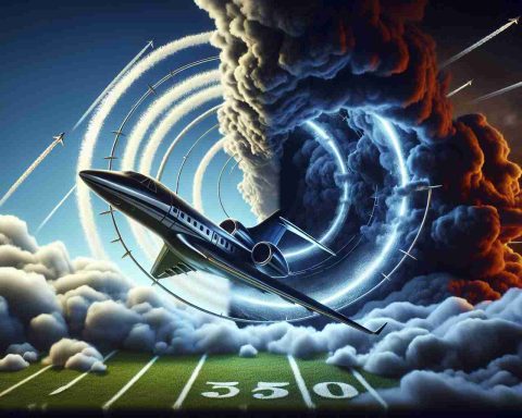 Visual representation of a metaphorical concept of an American football team, symbolized by a jet, stuck in a never-ending cycle of turmoil. Create a scene where the jet is circling a dark storm cloud, representing turmoil and conflict. The jet should be sleek and silver, denoting speed and agility while the dark storm cloud should be imposing and chaotic, symbolizing obstacles. Showcase various lighting effects to emphasize the tumultuous feel of the scene, and make the artwork have a realistic and high-definition quality.