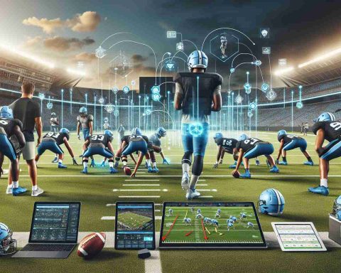 A realistic, high-definition photograph showcasing the impact of technology on college football, specifically at a renowned University in North Carolina. The scene displays a dynamic football practice session where coaches are leveraging advanced technologies such as artificial intelligence and virtual reality for player skill development. Elements include football players wearing high-tech equipment, coaches with tablets showing game strategies, and visualizations of digitally-planned plays being executed on the field.