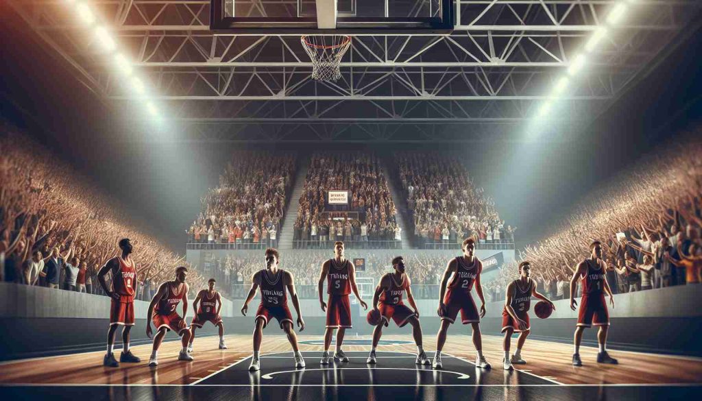 High definition and realistic image showcasing a basketball game scene at a large stadium presumed to be home ground. The team, assumingly named Trojans, is seen intensely focused and displaying signs of domination on the court. Excited spectators are in the stands watching the game, cheering and waving banners. The picture elicits tension, excitement and anticipation, depicting a key moment in the game where an important turn of events could occur.