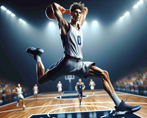 High-definition realistic image of a new sensation in professional basketball, a tall and slim player with impressive skills, showing him dramatically rising above the court in action. He has a lean physique, with long arms and legs perfect for controlling the ball and going for dunks. His distinguishing characteristics are his youthful energy, sheer height, and the determination in his eyes.