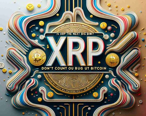 Create a high-definition, realistic image featuring the statement 'Is XRP the Next Big Thing? Don’t Count Out Bitcoin Yet' prominently displayed. The background should be composed of abstract patterns symbolising the digital world, cryptomarkets and blockchain, with the colors of XRP (silver) and Bitcoin (gold) demonstrating rivalry and competition.