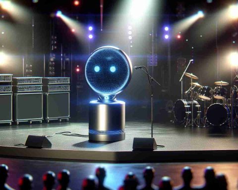 High-definition, realistic image of an artificial intelligence device on a concert stage, filled with high-tech lighting and sound equipment. The AI device appears to be controlling the music, shedding light on the possible future of the music industry.