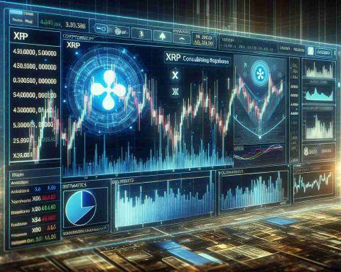 A highly detailed and realistic image of a digital display showing XRP cryptocurrency prices consolidating. Illustrate a visual representation (like a chart or graph) that implies an impending bullish breakout. Include various analytics and indicators such as trendlines, volume bars, and price candles on the display. The overall mood should be anticipatory and optimistic, reflecting the potential for a positive trend in the crypto market.