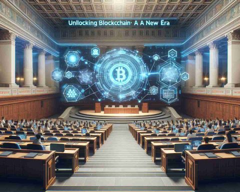 Generate a realistic HD image showcasing the concept of 'Unlocking Blockchain: A New Era' at a renowned educational institution. The scene should exhibit the hallmarks of innovative technology, with visual elements such as holographic diagrams of blockchain network and cryptocurrency symbols. The setting should reflect a grand lecture hall in a classical architectural style, highlighting the juxtaposition of modern technology and traditional education.