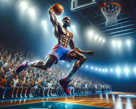 Realistic HD photo of an athletic individual playing basketball. This individual is depicted as the newest sensation in the sport, leaping to make a slam dunk. His physique is impressive, with a tall, muscular build, accentuating his strong arms and legs. He's dressed in a colorful team basketball uniform, and the atmosphere around him is charged with excitement as he becomes the focus of attention. The basketball court is bathed in bright, cheer-inducing lights, creating an electrifying scene that captures the spirit of the NBA.