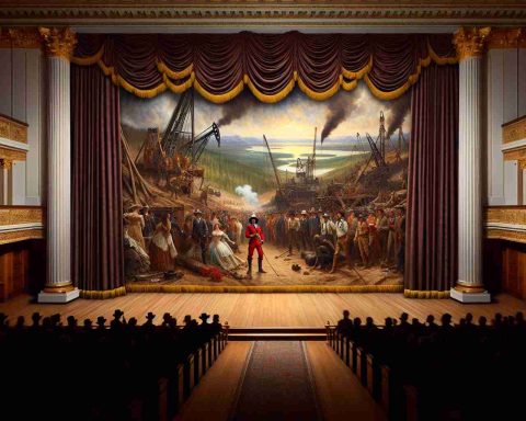 An imagined scene of the unveiling of a historical artwork known as 'Landman'. The scene captures the drama and contrast: a grand hall filled with anticipation, as a velvet curtain is pulled back to reveal a canvas depicting a narrative of ambitious pioneers in pursuit of oil. The artwork foreshadows future controversy: men and women of various descents locked in a fierce competition, the wilderness being replaced by equipment and machinery, the conflicts and negotiations unfolding. The scene provides a historical examination of oil exploration and the ambitions it ignited in people from different backgrounds.