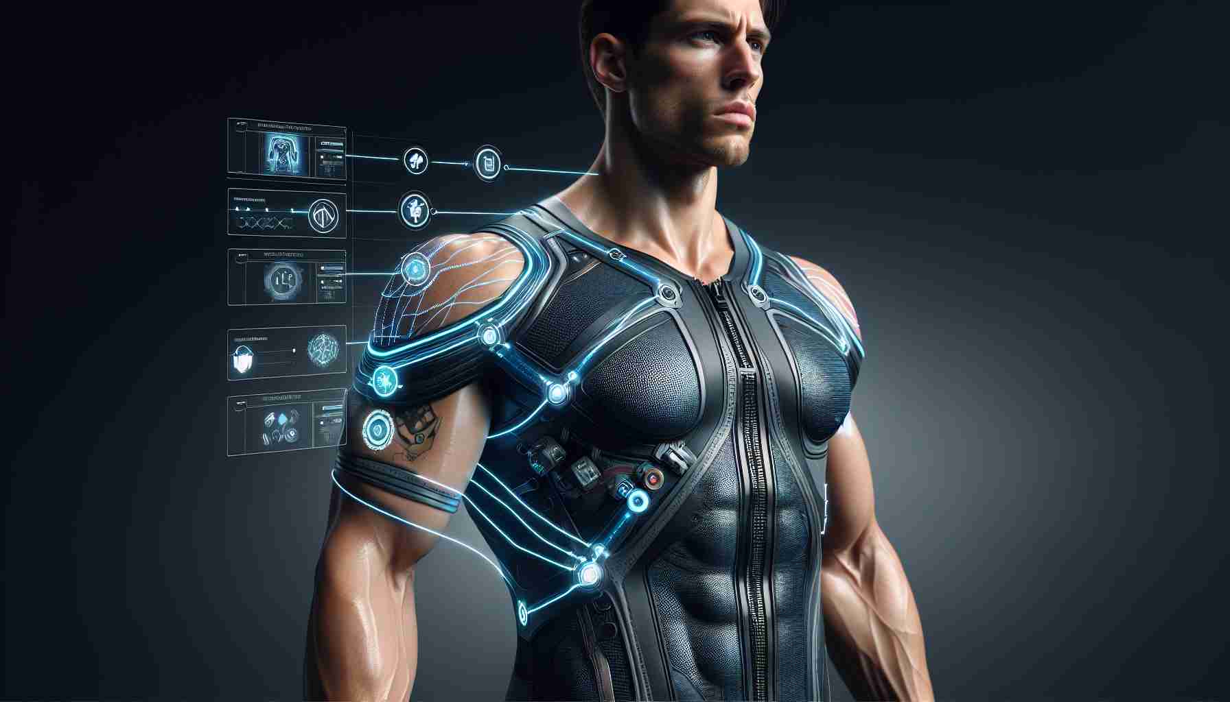 Realistic high-definition photograph showing the future of fashion design in the form of a tech-infused wardrobe. The featured attire includes innovative textiles and smart accessories that interact and respond dynamically to the wearer's gestures and environmental conditions. The clothing is modeled by an athletic male with a muscular build, similar to that of a professional wrestler.