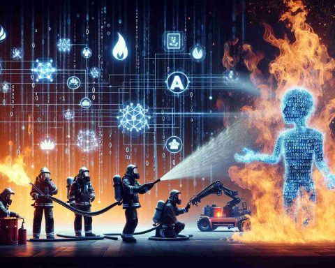 Generate a realistic high-definition image that embodies the concept of 'blazing algorithms.' This should feature a symbolic illustration of artificial intelligence technologies being used in firefighting efforts, with specific elements of AI, such as neural networks and robotic arms, integrated with firefighting tools like fire extinguishers and hoses. Furthermore, the fire should be depicted metaphorically to represent algorithms, possibly visualizing it in the form of binary codes or digital flames. Capture the reaction with a technological aura to signify the modern era.