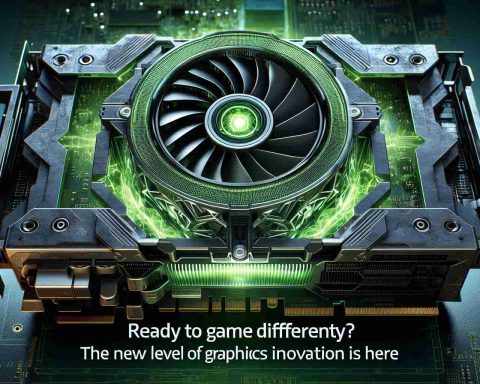 Highly detailed, realistic image representing the concept of a next-level gaming environment made possible by advanced graphics technology. Showcase a powerful graphics processing unit (GPU) with futuristic design elements, radiating a green glow, symbolic of new technologies in the field. The image also includes the text 'Ready to Game Differently? The New Level of Graphics Innovation is Here'.