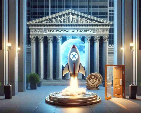 Realistic high-definition image illustrating the increasing value of the digital asset XRP, metaphorically represented by a rocket taking off, against the backdrop of a Regulatory Authority's building symbolizing the SEC, with a door half-open, indicating someone's recent exit. The scene is underpinned by an atmosphere of robust growth and positive market sentiment.