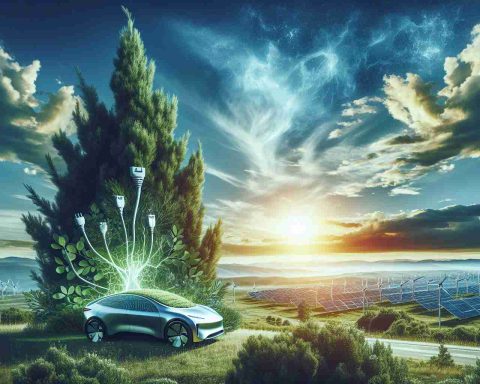 A realistic high-definition image symbolizing the electrifying future of renewable technologies. It comprises the element of a juniper tree which stands as a metaphor for growth and sustainability. Also, visualize a general representation of an advanced electric car (without any branding) powered by this clean, green technology. Overarching it all, a vivid sky suggesting the dawn of a new era in renewable tech.