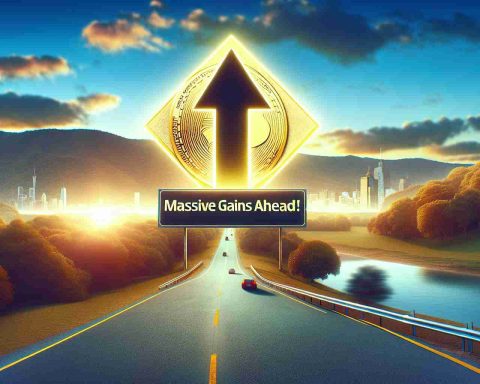 Create a realistic HD image of the concept 'Massive Gains Ahead!'. Visually portray this through a road with a large, rising arrow sign, symbolizing a dramatic surge. For context, include a reference to XRP (a type of cryptocurrency) through an evident but subtle digital artwork element integrated into the scene.